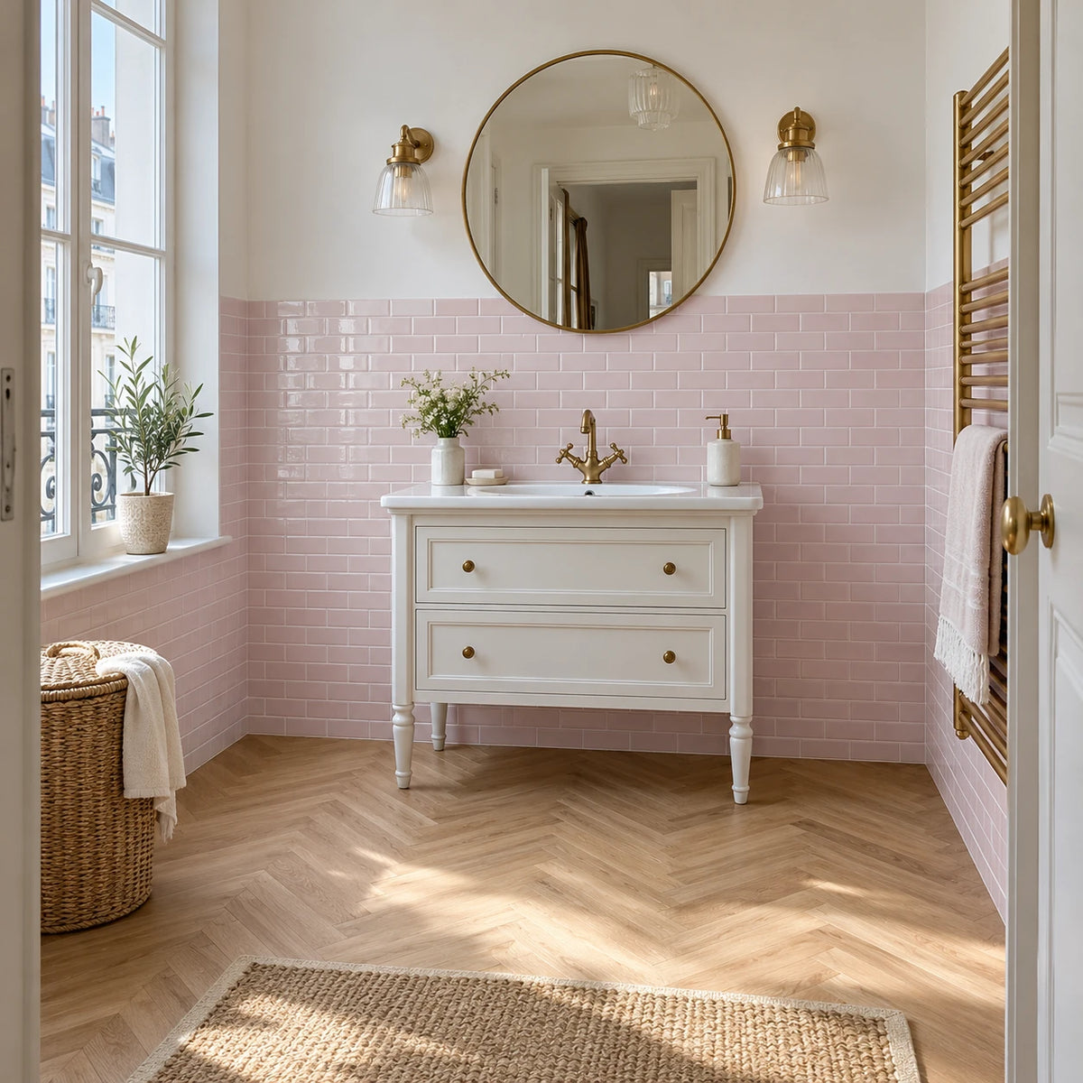 Salle de bain avec carrelage adhésif métro rose poudré à mi-hauteur, meuble vasque blanc sur pieds, miroir rond doré et parquet à chevrons