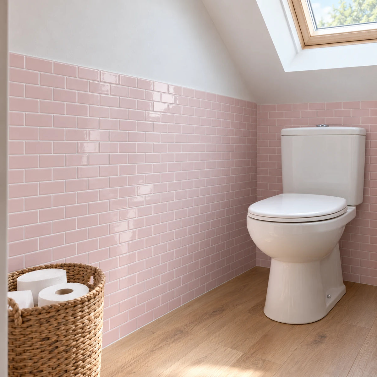 Toilettes sous les combles avec carrelage adhésif métro rose poudré, WC à réservoir et fenêtre de toit