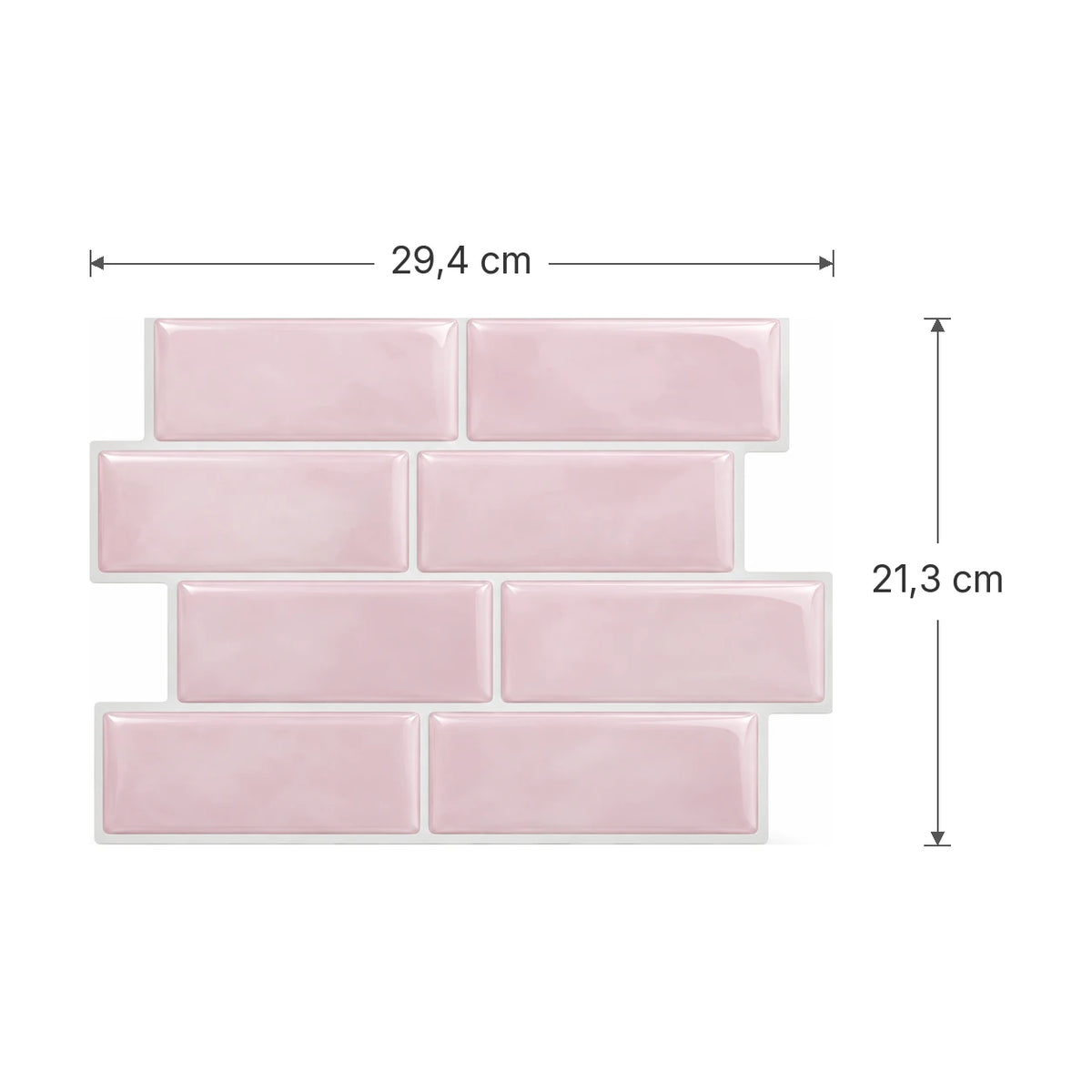 Schéma des dimensions de la plaque de carrelage adhésif métro 3D rose poudré : 29,4 x 21,3 cm