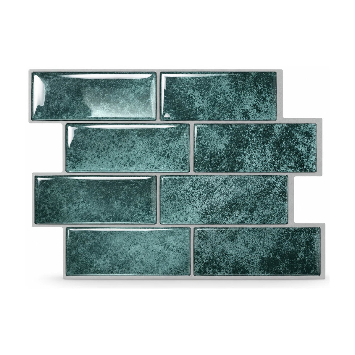 Plaque de carrelage adhésif métro 3D vert canard 29,4 x 21,3 cm, huit briquettes brillantes vues de face sur fond blanc