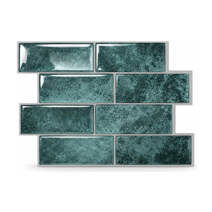 Plaque de carrelage adhésif métro 3D vert canard 29,4 x 21,3 cm, huit briquettes brillantes vues de face sur fond blanc