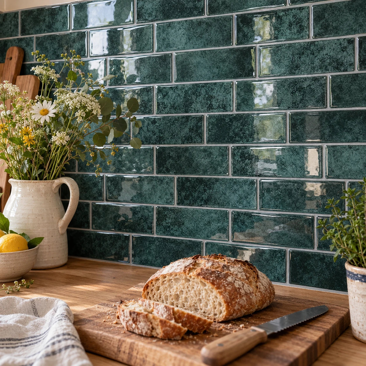 Pain de campagne sur planche en bois et bouquet de fleurs devant une crédence en carrelage adhésif métro vert canard