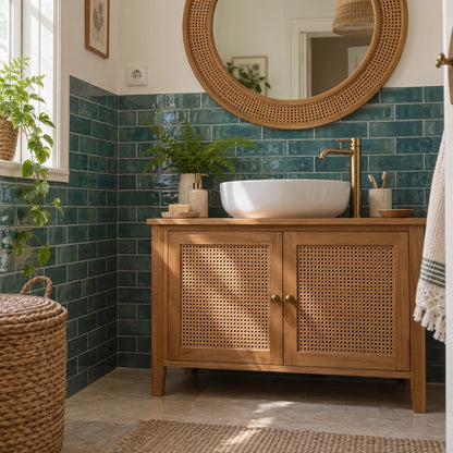 Salle de bain avec meuble en rotin, vasque blanche, miroir canné et carrelage adhésif métro vert canard