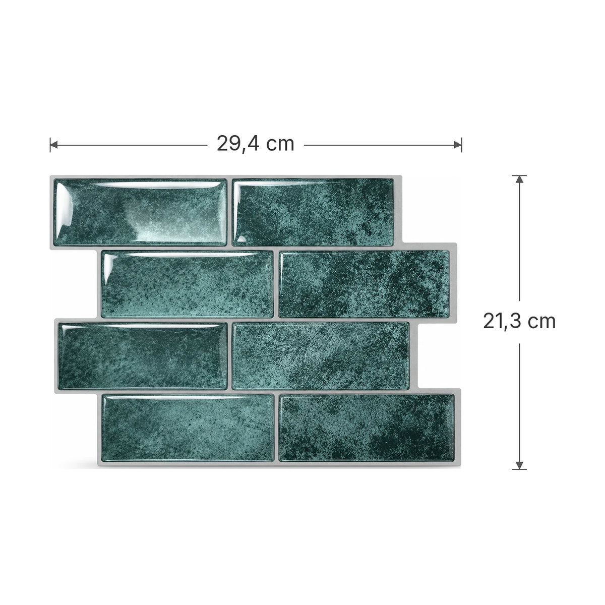 Schéma des dimensions de la plaque de carrelage adhésif métro 3D vert canard : 29,4 x 21,3 cm