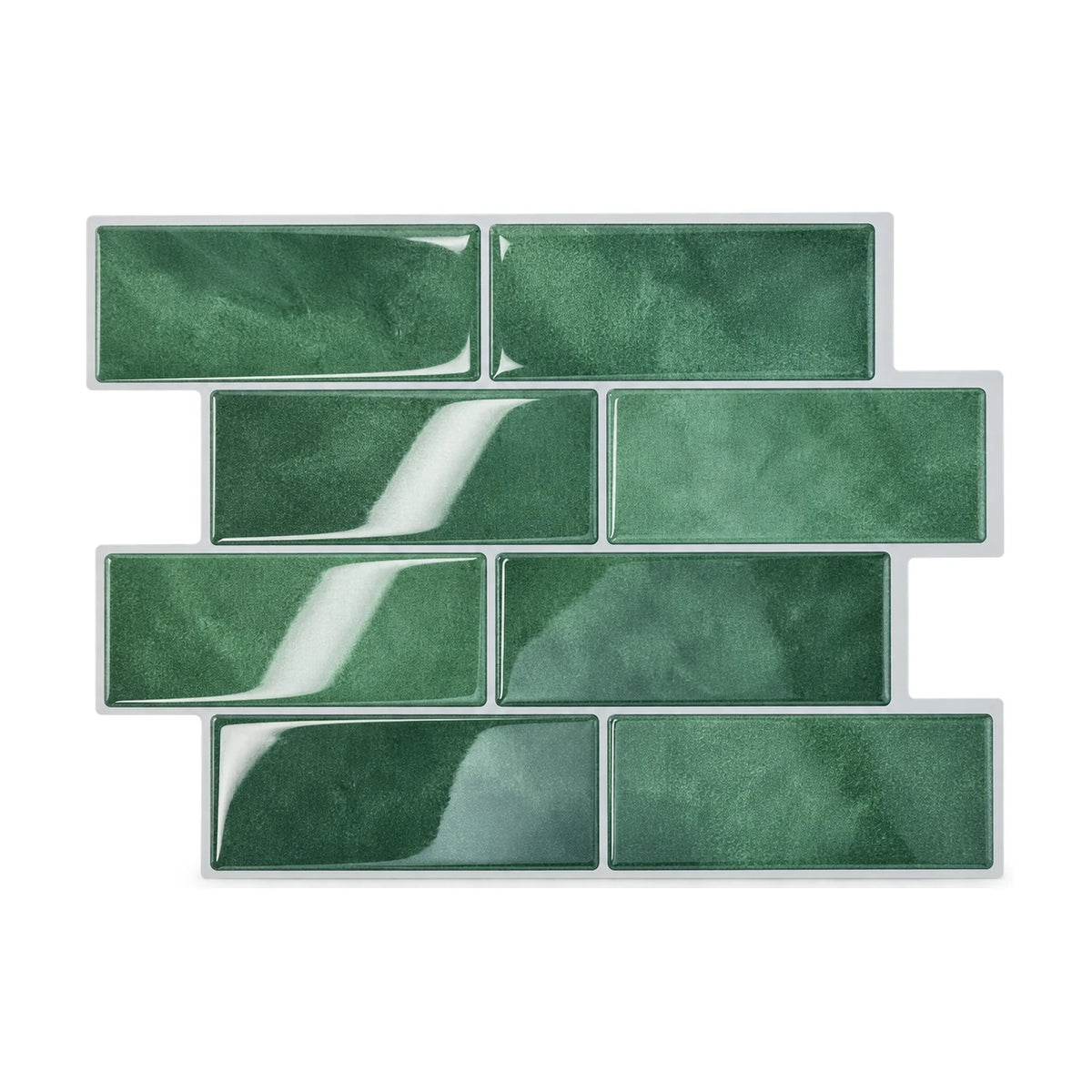 Plaque de carrelage adhésif métro 3D vert émeraude 29,4 x 21,3 cm, huit briquettes brillantes vues de face sur fond blanc
