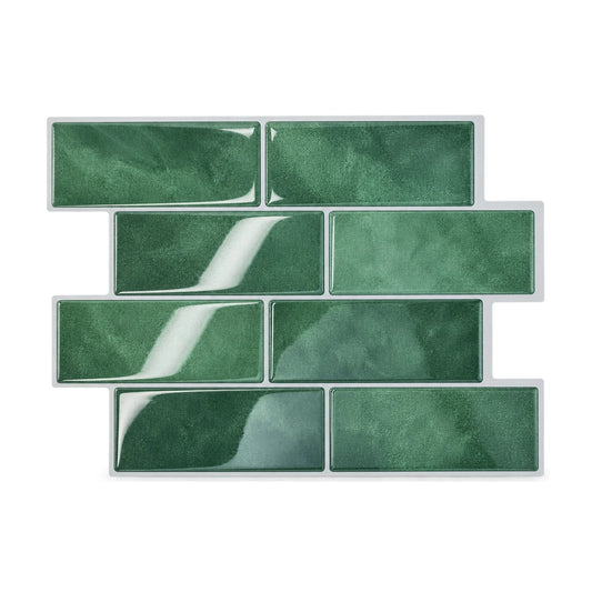 Plaque de carrelage adhésif métro 3D vert émeraude 29,4 x 21,3 cm, huit briquettes brillantes vues de face sur fond blanc