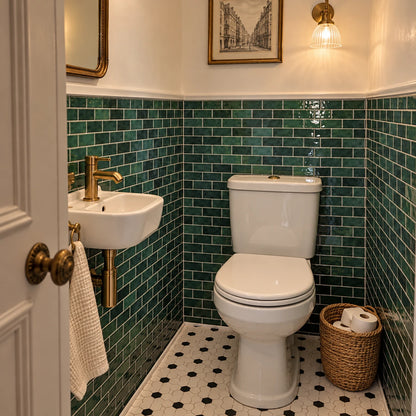 Toilettes à l'ancienne avec WC à réservoir, lave-mains d'angle et carrelage adhésif métro vert émeraude sur deux murs, sol en tomettes hexagonales