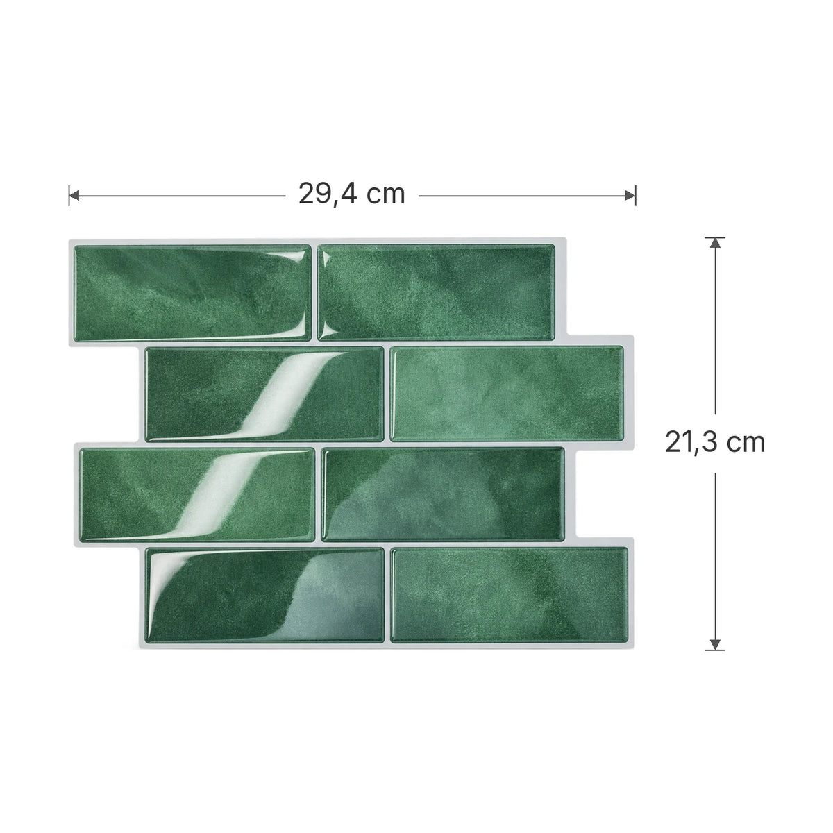 Schéma des dimensions de la plaque de carrelage adhésif métro 3D vert émeraude : 29,4 x 21,3 cm