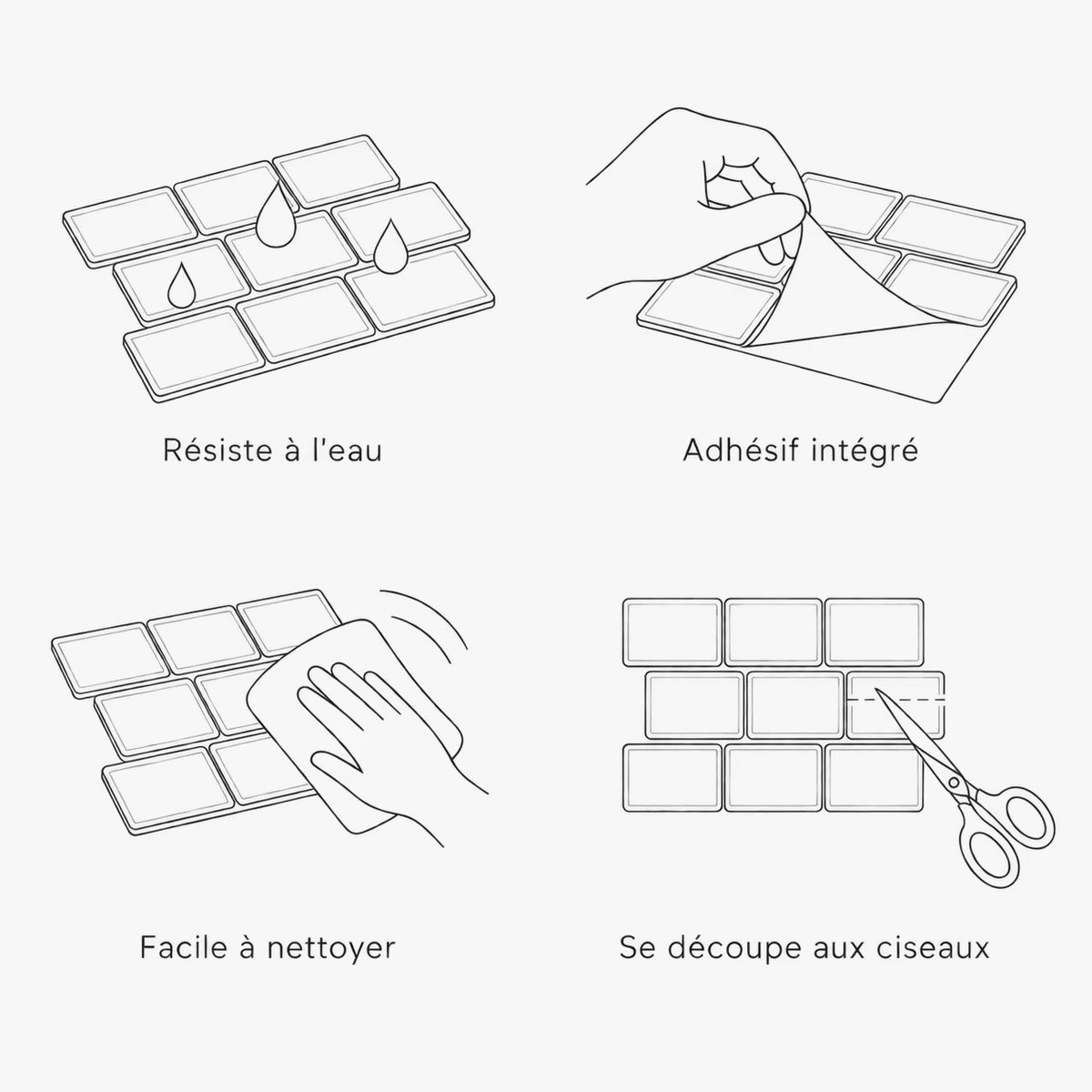 Caractéristiques du carrelage adhésif mini métro 3D : résiste à l'eau, adhésif intégré, facile à nettoyer, se découpe aux ciseaux