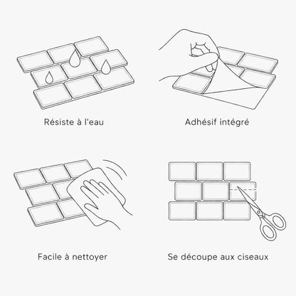 Caractéristiques du carrelage adhésif mini métro 3D : résiste à l'eau, adhésif intégré, facile à nettoyer, se découpe aux ciseaux