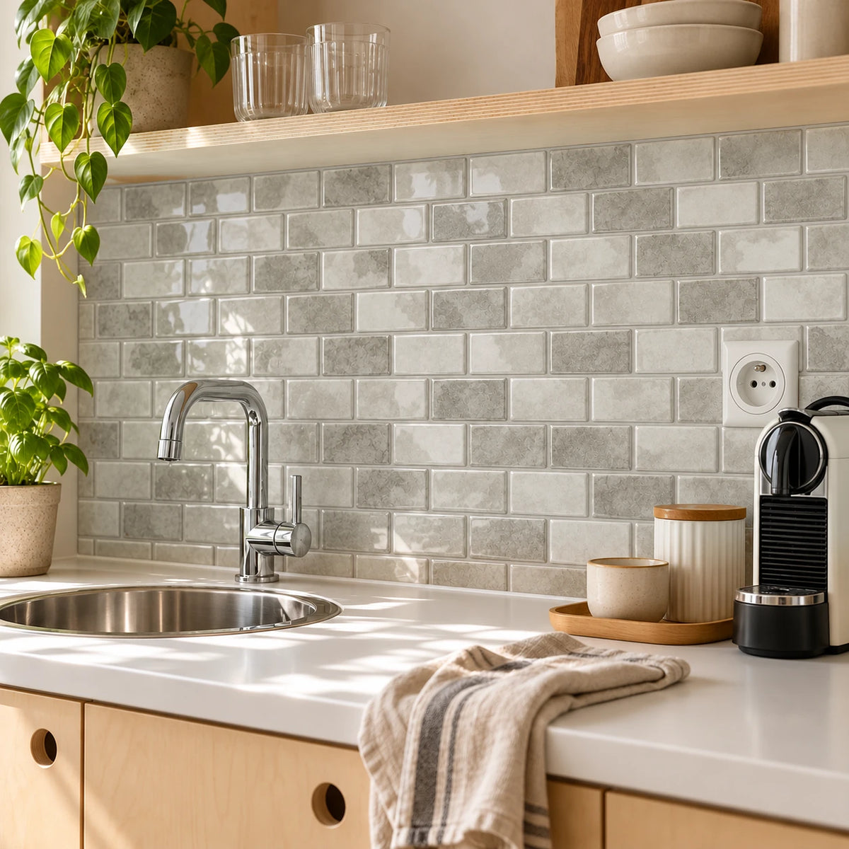 Kitchenette en contreplaqué avec crédence en carrelage adhésif mini métro grège et petite étagère
