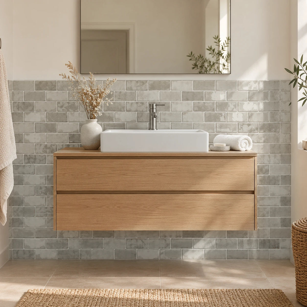 Salle de bain japandi avec meuble en chêne clair, vasque rectangulaire et carrelage adhésif mini métro grège