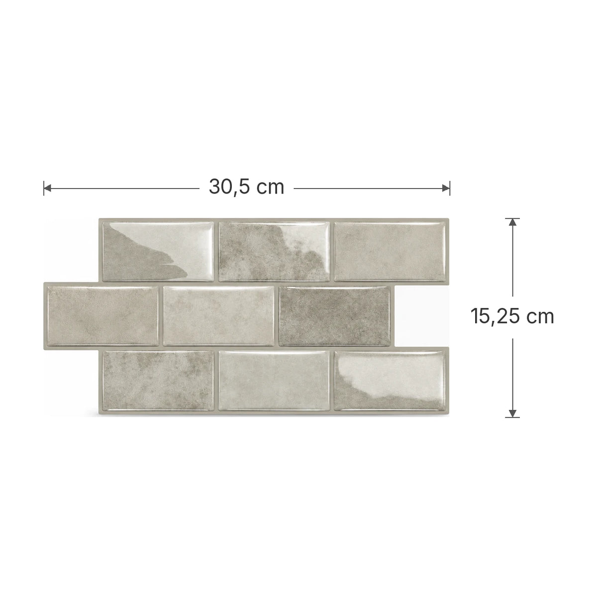 Schéma des dimensions de la plaque de carrelage adhésif mini métro 3D grège : 30,5 x 15,25 cm