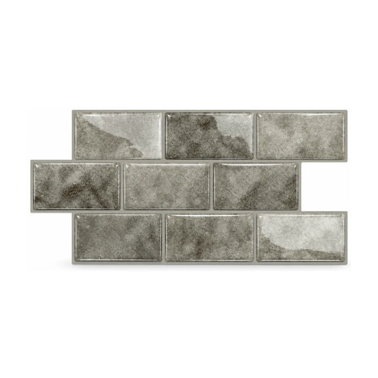 Plaque de carrelage adhésif mini métro 3D gris pierre 30,5 x 15,25 cm, neuf petites briquettes brillantes vues de face sur fond blanc