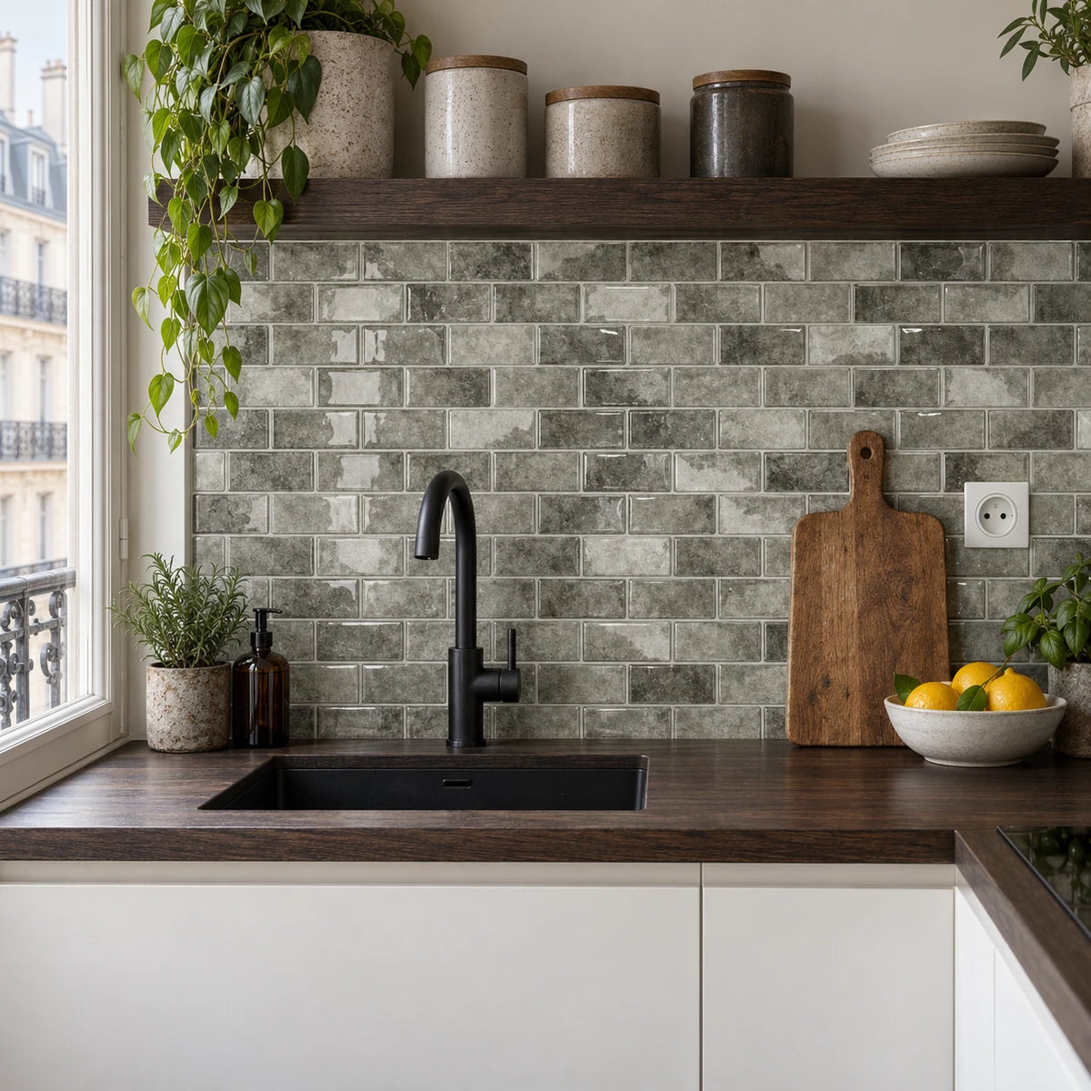 Cuisine près d'une fenêtre, façades blanches et plan en bois foncé, avec crédence en carrelage adhésif mini métro gris pierre et robinet noir