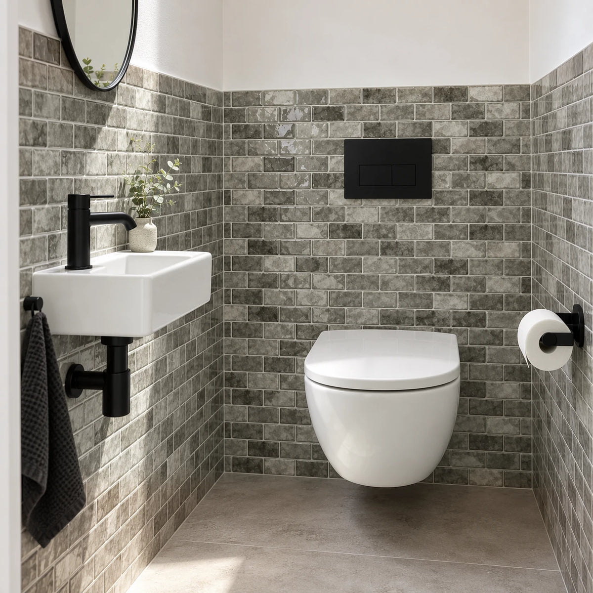 Toilettes avec WC suspendu, lave-mains et carrelage adhésif mini métro gris pierre, plaque de commande noire