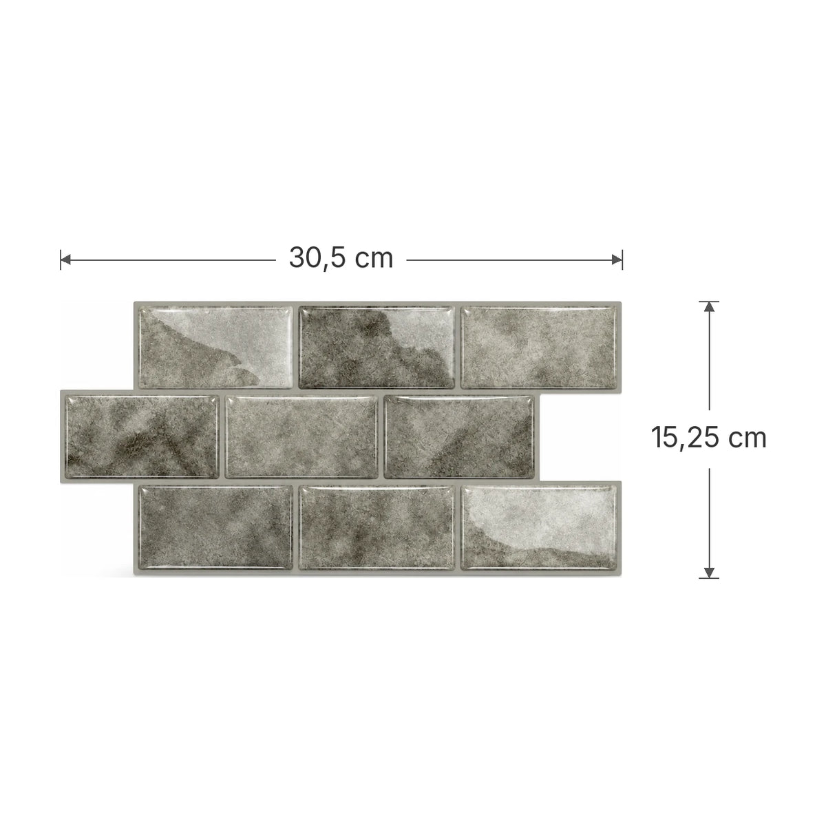 Schéma des dimensions de la plaque de carrelage adhésif mini métro 3D gris pierre : 30,5 x 15,25 cm