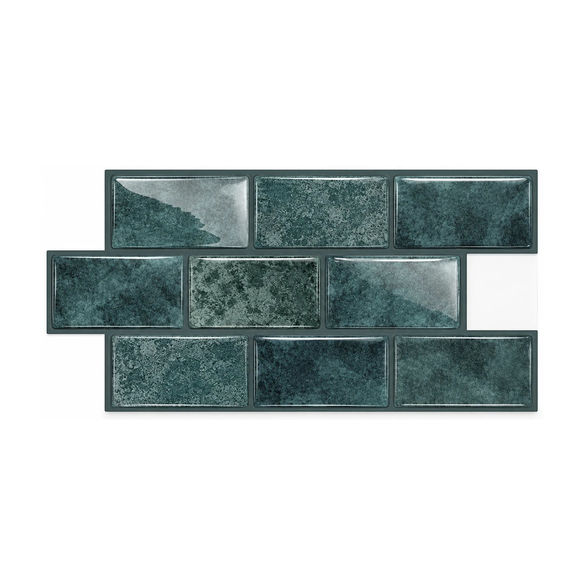 Plaque de carrelage adhésif mini métro 3D vert canard 30,5 x 15,25 cm, neuf petites briquettes brillantes vues de face sur fond blanc