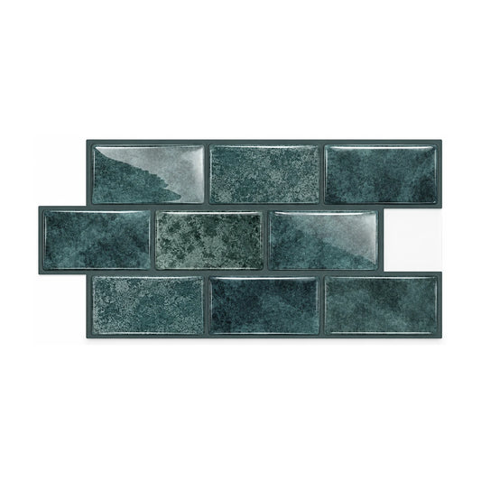 Plaque de carrelage adhésif mini métro 3D vert canard 30,5 x 15,25 cm, neuf petites briquettes brillantes vues de face sur fond blanc