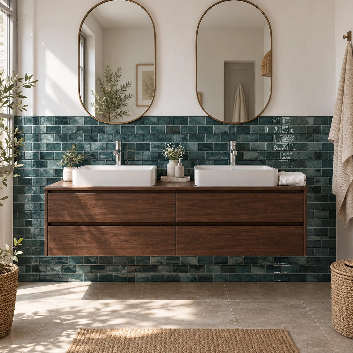 Salle de bain avec double vasque sur meuble en noyer et carrelage adhésif mini métro vert canard sous deux miroirs ovales