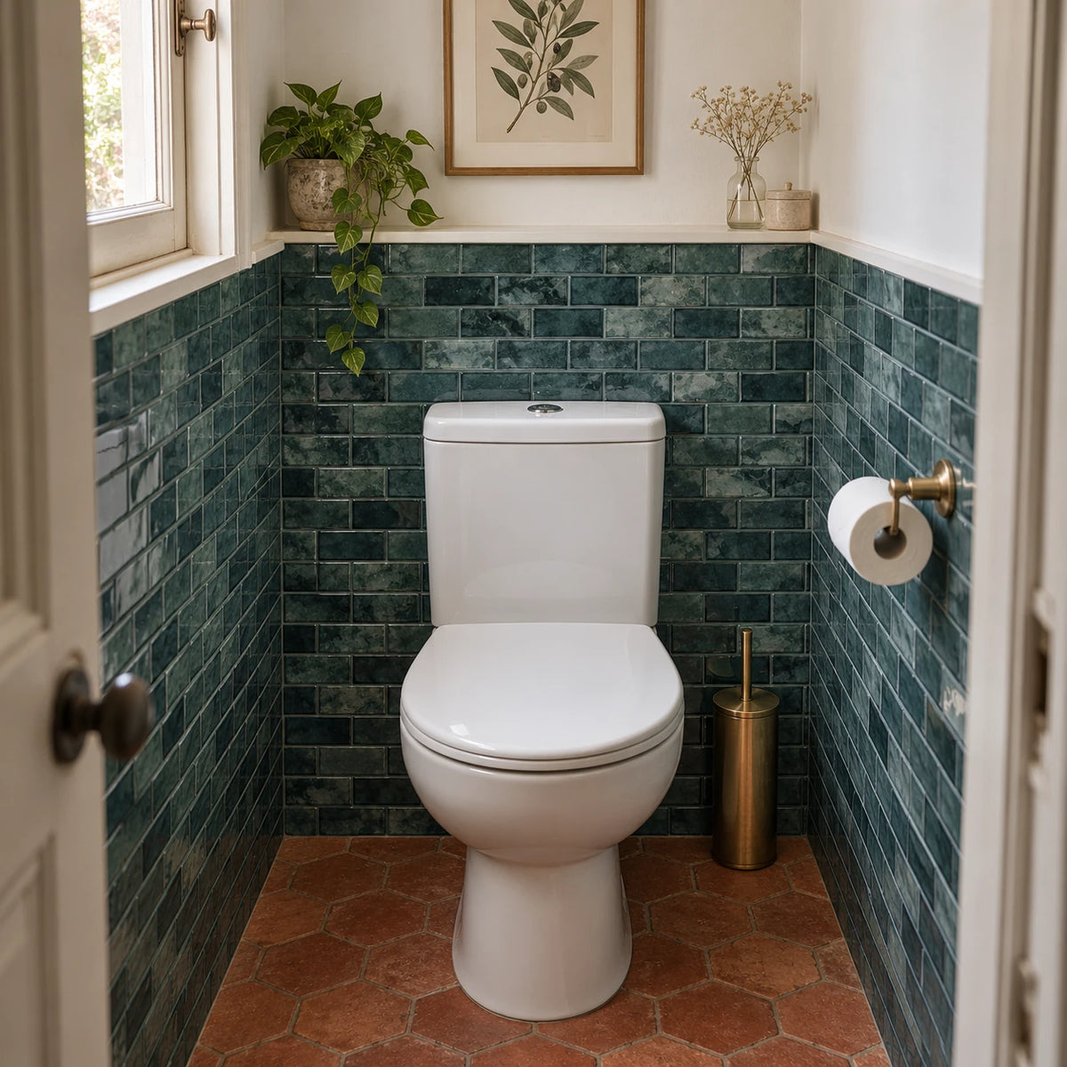 Toilettes avec WC à réservoir et carrelage adhésif mini métro vert canard, sol en tomettes hexagonales