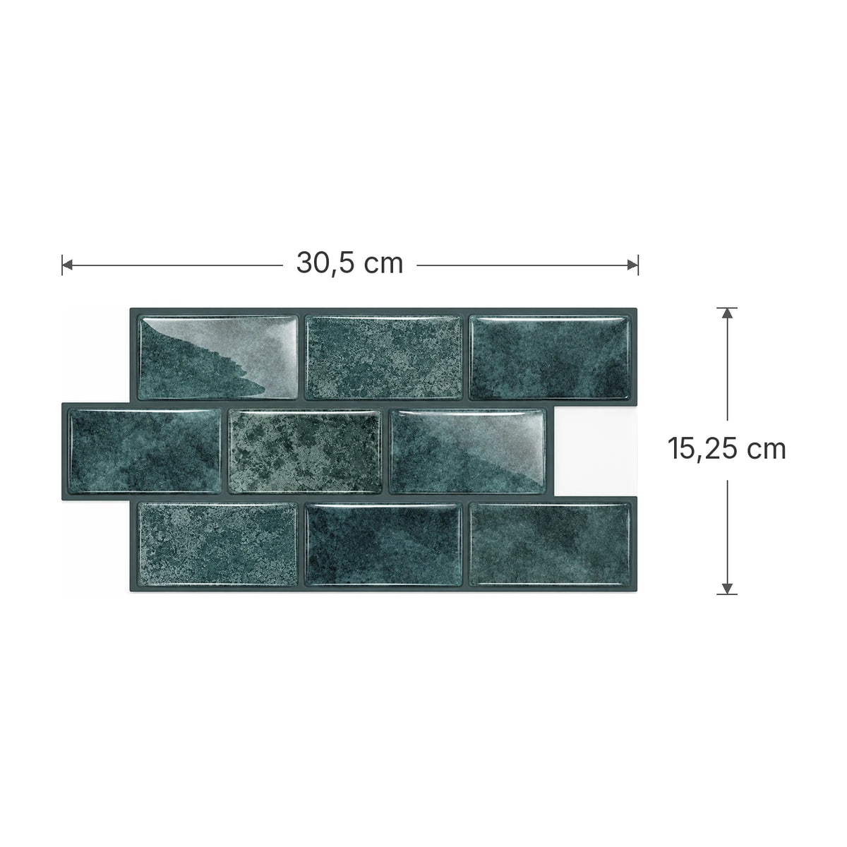 Schéma des dimensions de la plaque de carrelage adhésif mini métro 3D vert canard : 30,5 x 15,25 cm