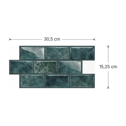 Schéma des dimensions de la plaque de carrelage adhésif mini métro 3D vert canard : 30,5 x 15,25 cm