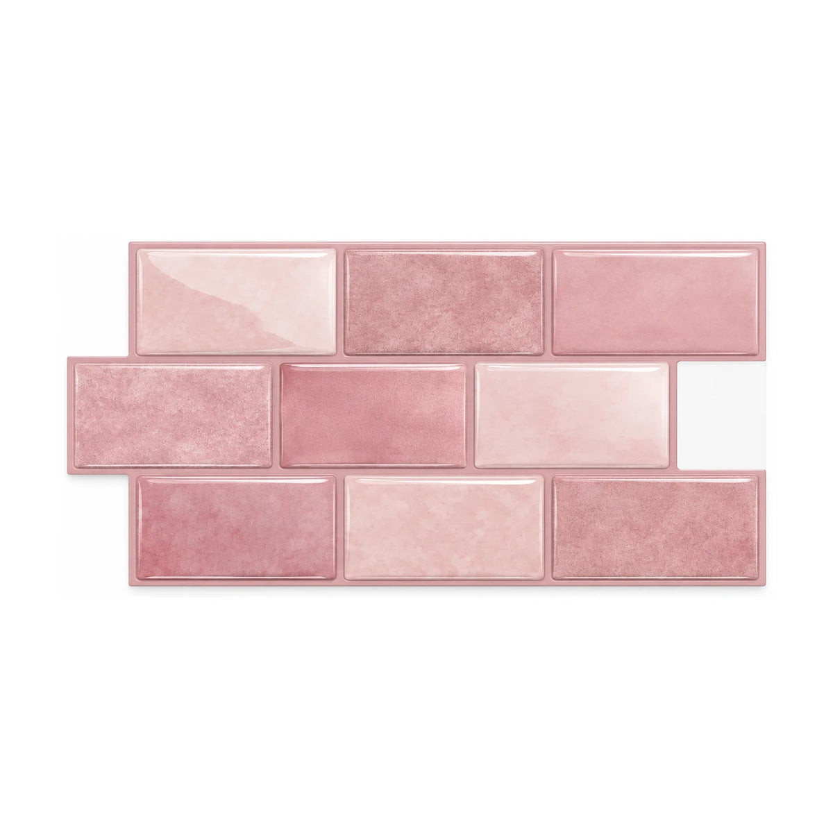Plaque de carrelage adhésif mini métro 3D vieux rose 30,5 x 15,25 cm, neuf petites briquettes brillantes vues de face sur fond blanc