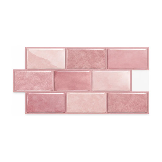 Plaque de carrelage adhésif mini métro 3D vieux rose 30,5 x 15,25 cm, neuf petites briquettes brillantes vues de face sur fond blanc