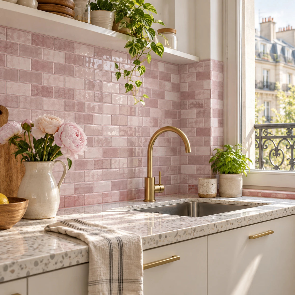 Cuisine parisienne sous une fenêtre à balcon avec plan en terrazzo et crédence en carrelage adhésif mini métro vieux rose