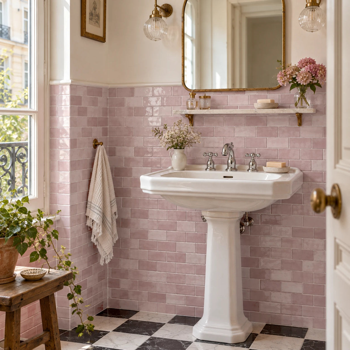 Salle de bain à l'ancienne avec lavabo sur colonne, miroir arrondi doré et carrelage adhésif mini métro vieux rose