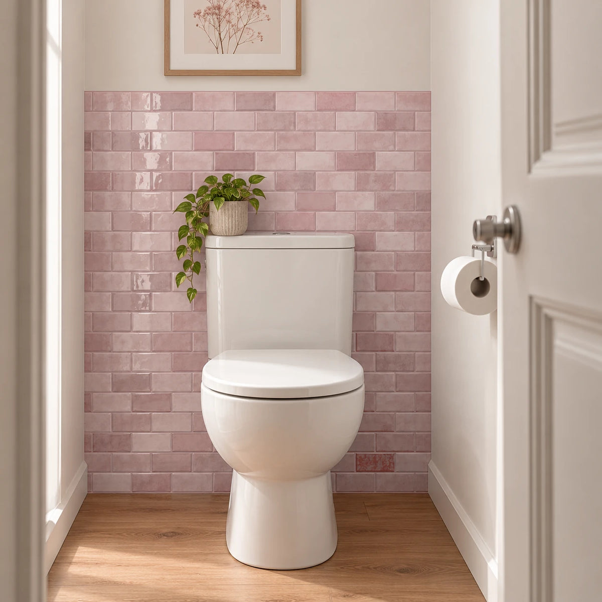 Toilettes avec WC à réservoir et mur en carrelage adhésif mini métro vieux rose sous un petit cadre