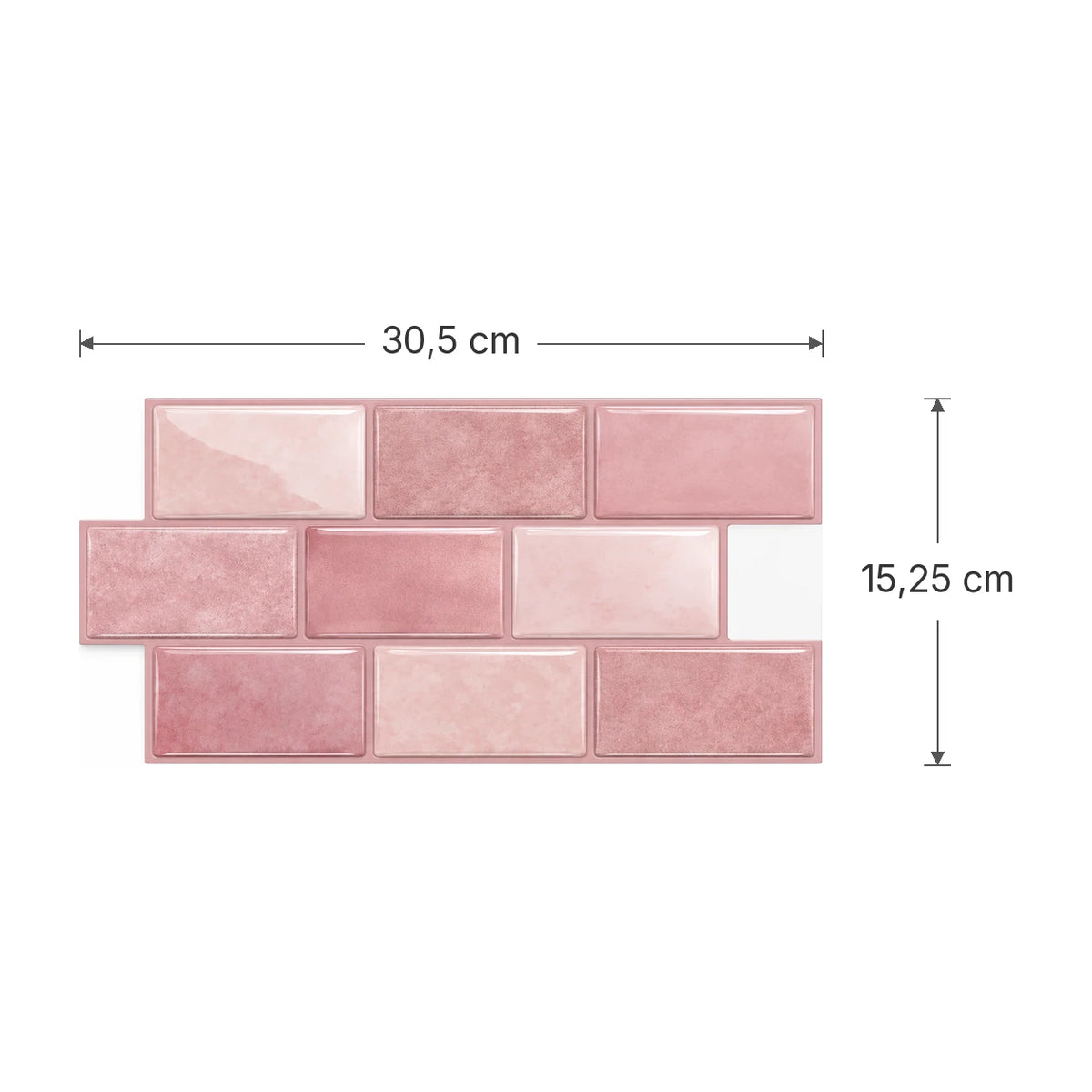 Schéma des dimensions de la plaque de carrelage adhésif mini métro 3D vieux rose : 30,5 x 15,25 cm