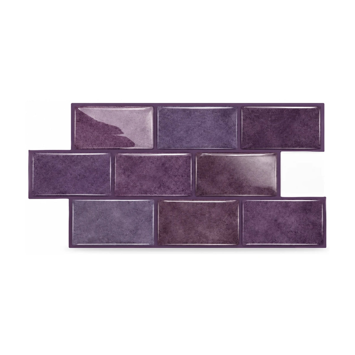 Plaque de carrelage adhésif mini métro 3D violet prune 30,5 x 15,25 cm, neuf petites briquettes brillantes vues de face sur fond blanc
