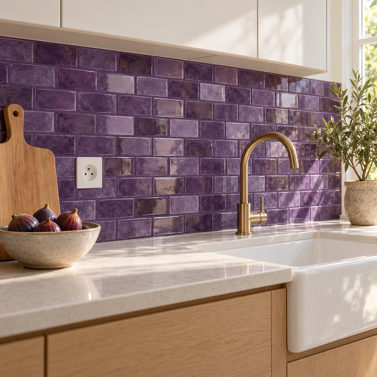 Cuisine aux façades en chêne clair avec crédence en carrelage adhésif mini métro violet prune, évier en céramique et robinet laiton