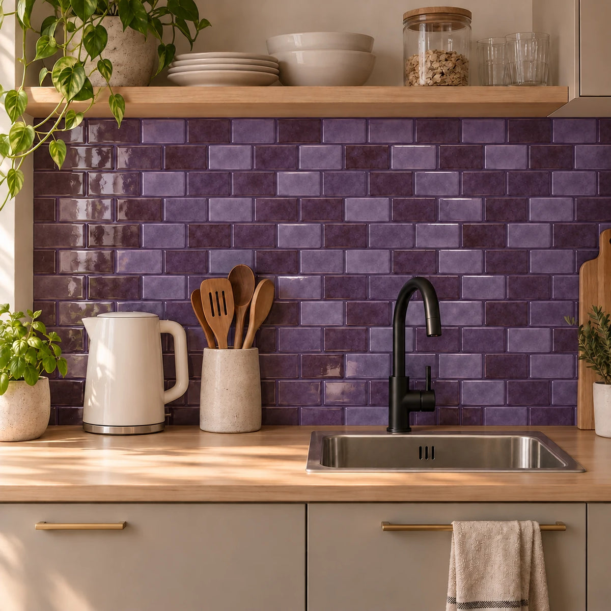 Kitchenette aux façades grège et plan en bouleau avec crédence en carrelage adhésif mini métro violet prune sous une étagère