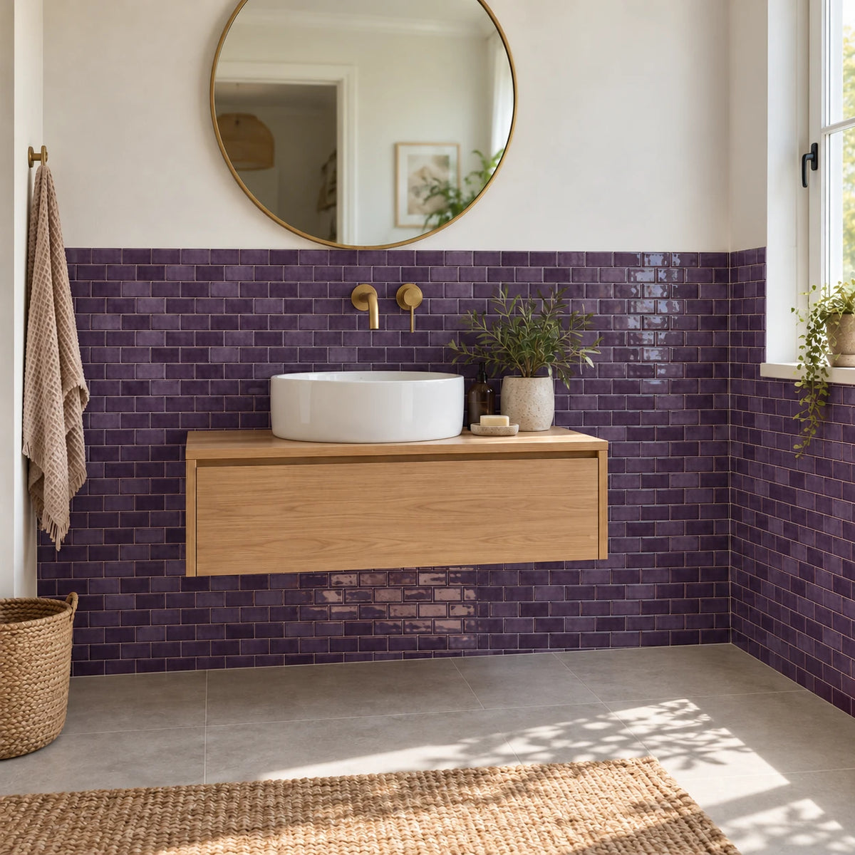 Salle de bain avec meuble suspendu en chêne, vasque ronde, miroir rond doré et carrelage adhésif mini métro violet prune à mi-hauteur