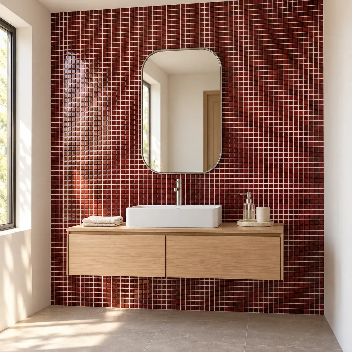 Mur de salle de bain en carrelage adhésif mosaïque bordeaux, meuble vasque suspendu en bois clair et miroir arrondi