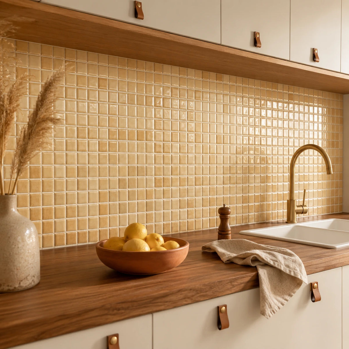 Crédence de cuisine en carrelage adhésif mosaïque beige sable Sablia avec plan de travail en noyer et robinet doré