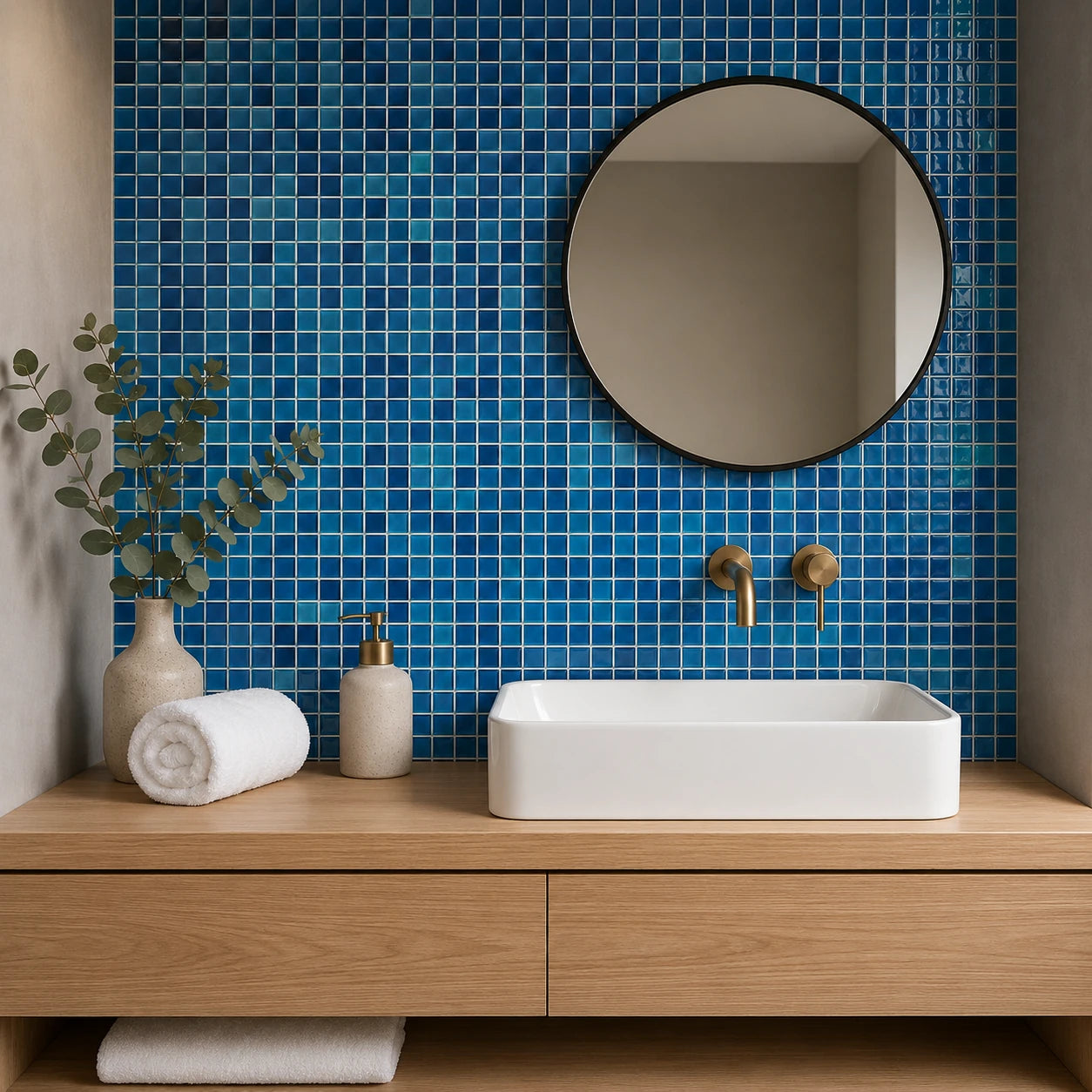 Salle de bain habillée de carrelage mural adhésif bleu azur Azuria avec vasque blanche et miroir rond noir