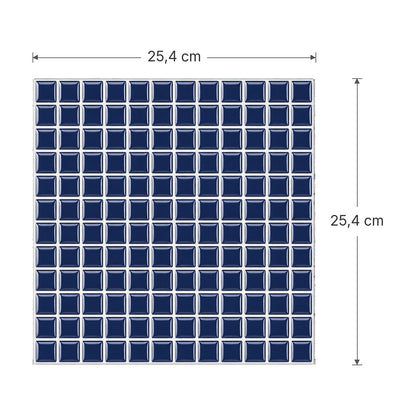 Dimensions d'une plaque de carrelage mural adhésif mosaïque bleu marine : 25,4 x 25,4 cm, 144 petits carreaux en relief