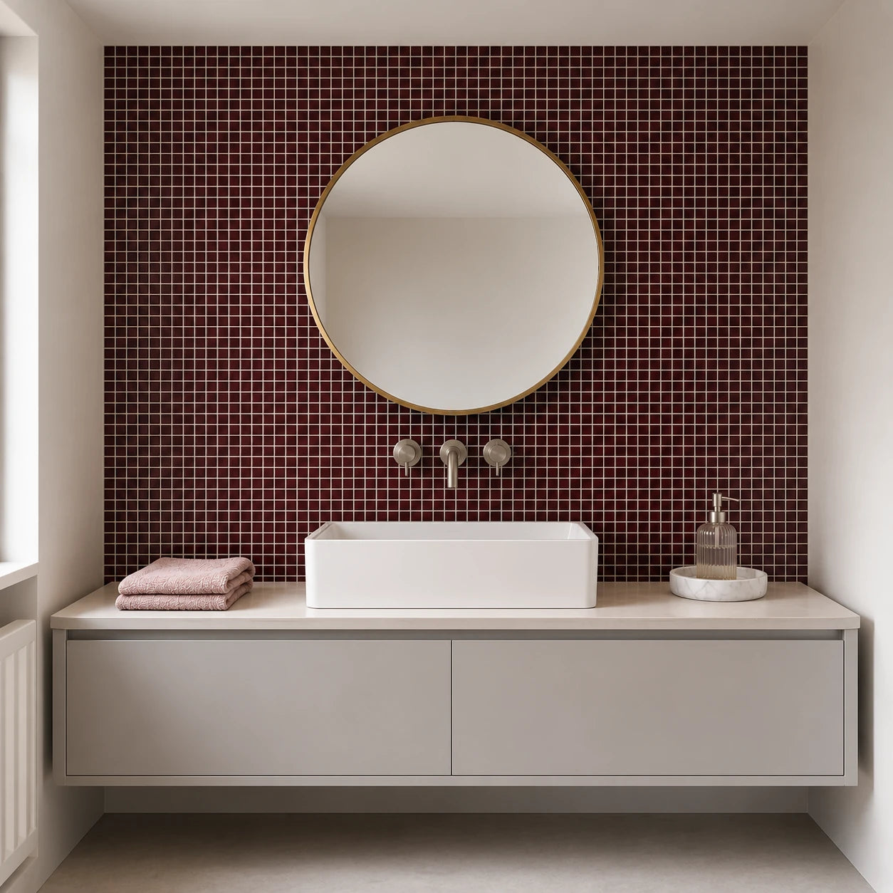 Salle de bain en carrelage mural adhésif bordeaux Bordia avec vasque blanche et miroir rond doré