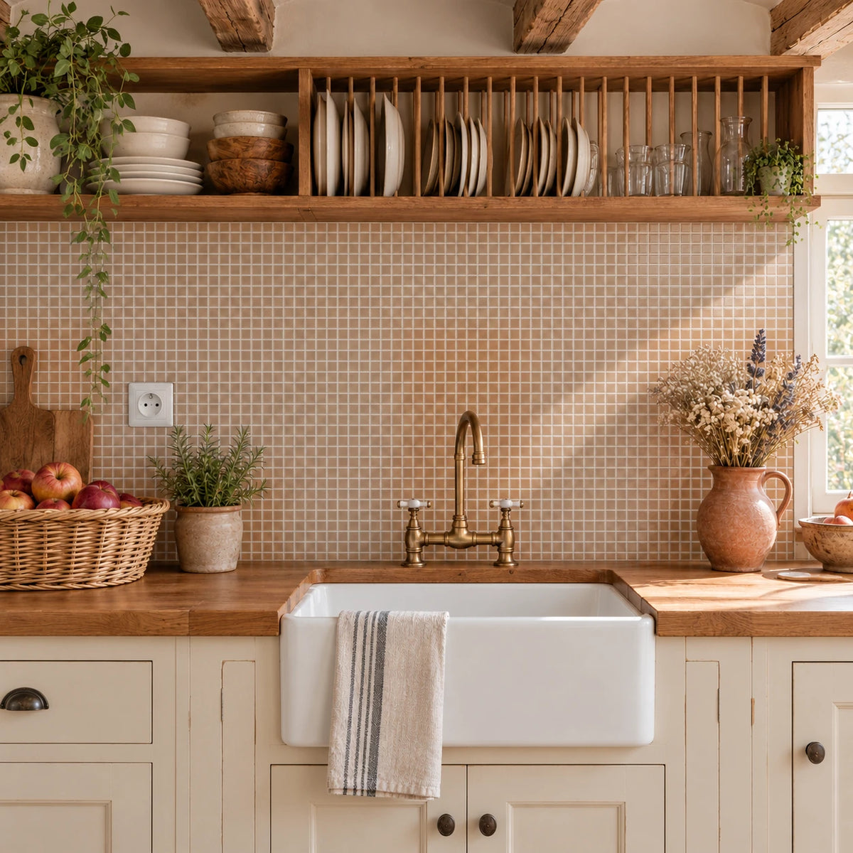 Cuisine de campagne avec crédence en carrelage adhésif mosaïque caramel, évier en céramique et égouttoir à assiettes en bois