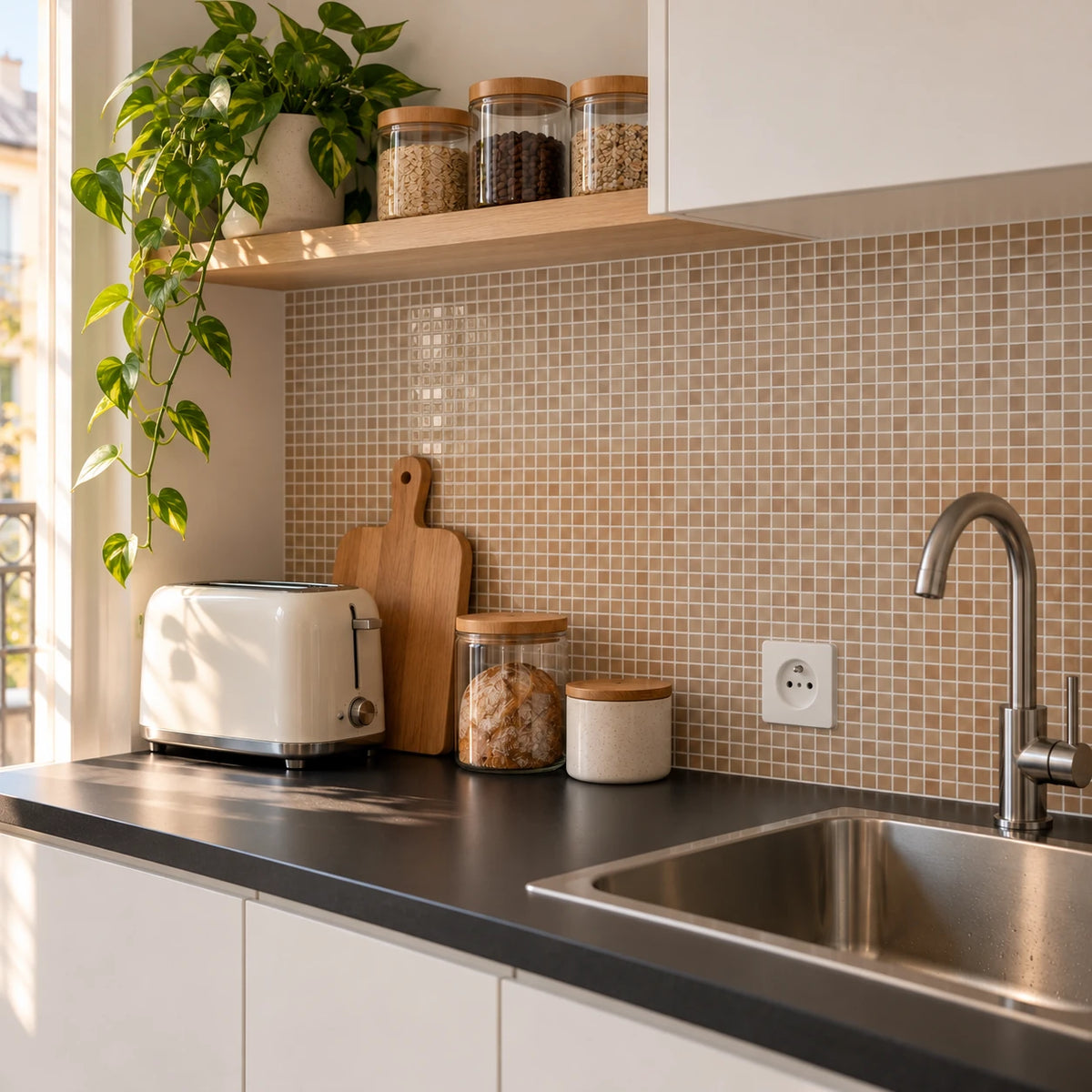 Kitchenette avec carrelage adhésif mosaïque caramel au-dessus d'un plan de travail noir, grille-pain crème et étagère en chêne