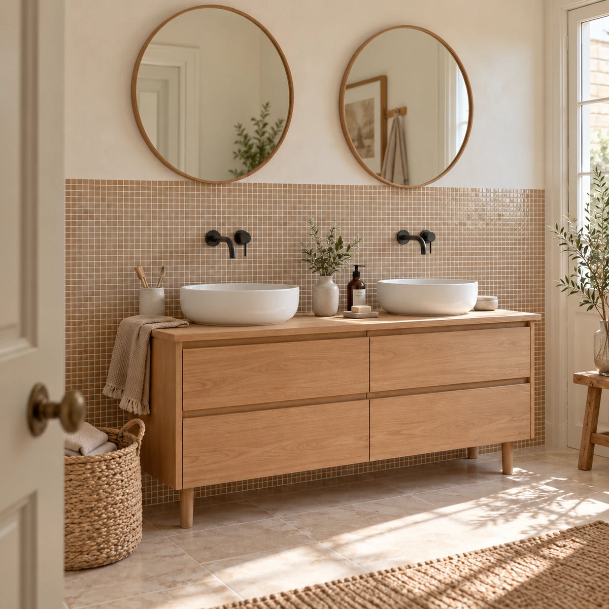 Salle de bain avec carrelage mural adhésif mosaïque caramel derrière un meuble double vasque en chêne et deux miroirs ronds