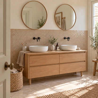 Salle de bain avec carrelage mural adhésif mosaïque caramel derrière un meuble double vasque en chêne et deux miroirs ronds