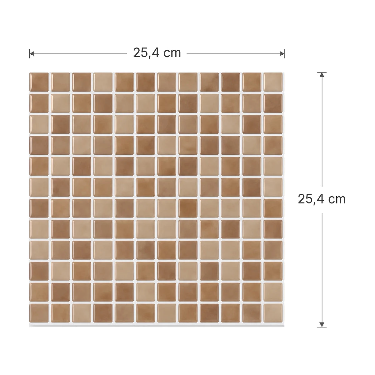 Dimensions d'une plaque de carrelage mural adhésif mosaïque caramel : 25,4 x 25,4 cm, 144 petits carreaux en relief