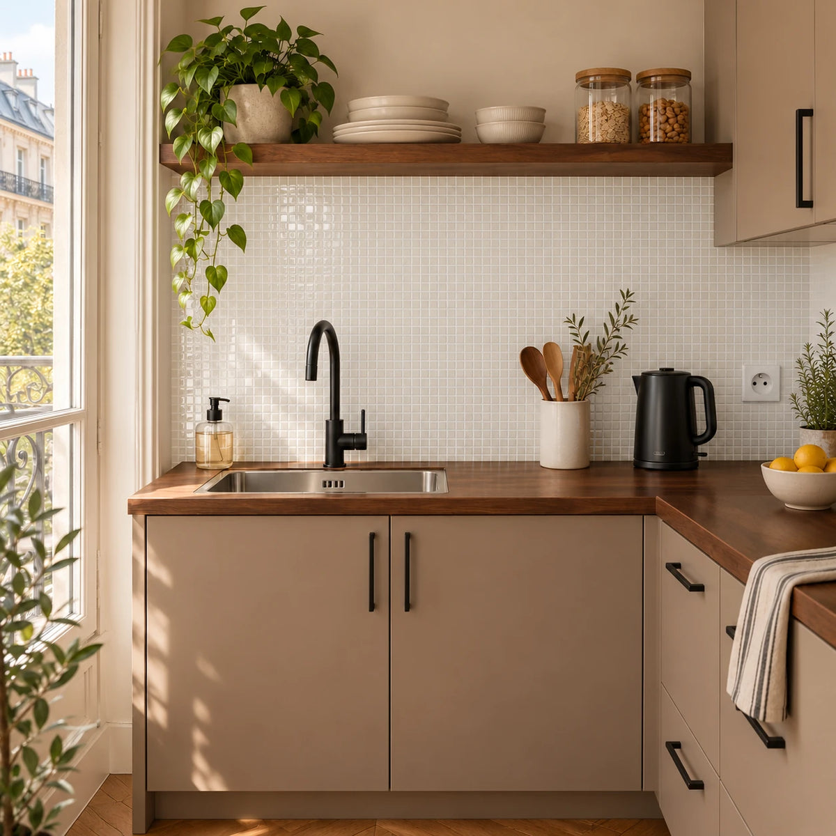 Petite cuisine avec carrelage adhésif mosaïque ivoire entre un plan de travail en noyer et une étagère, façades taupe et bouilloire noire