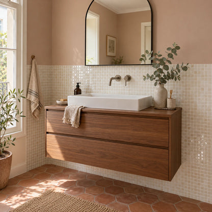 Salle de bain avec carrelage mural adhésif mosaïque ivoire, meuble vasque suspendu en noyer, miroir en arche et sol en tomettes