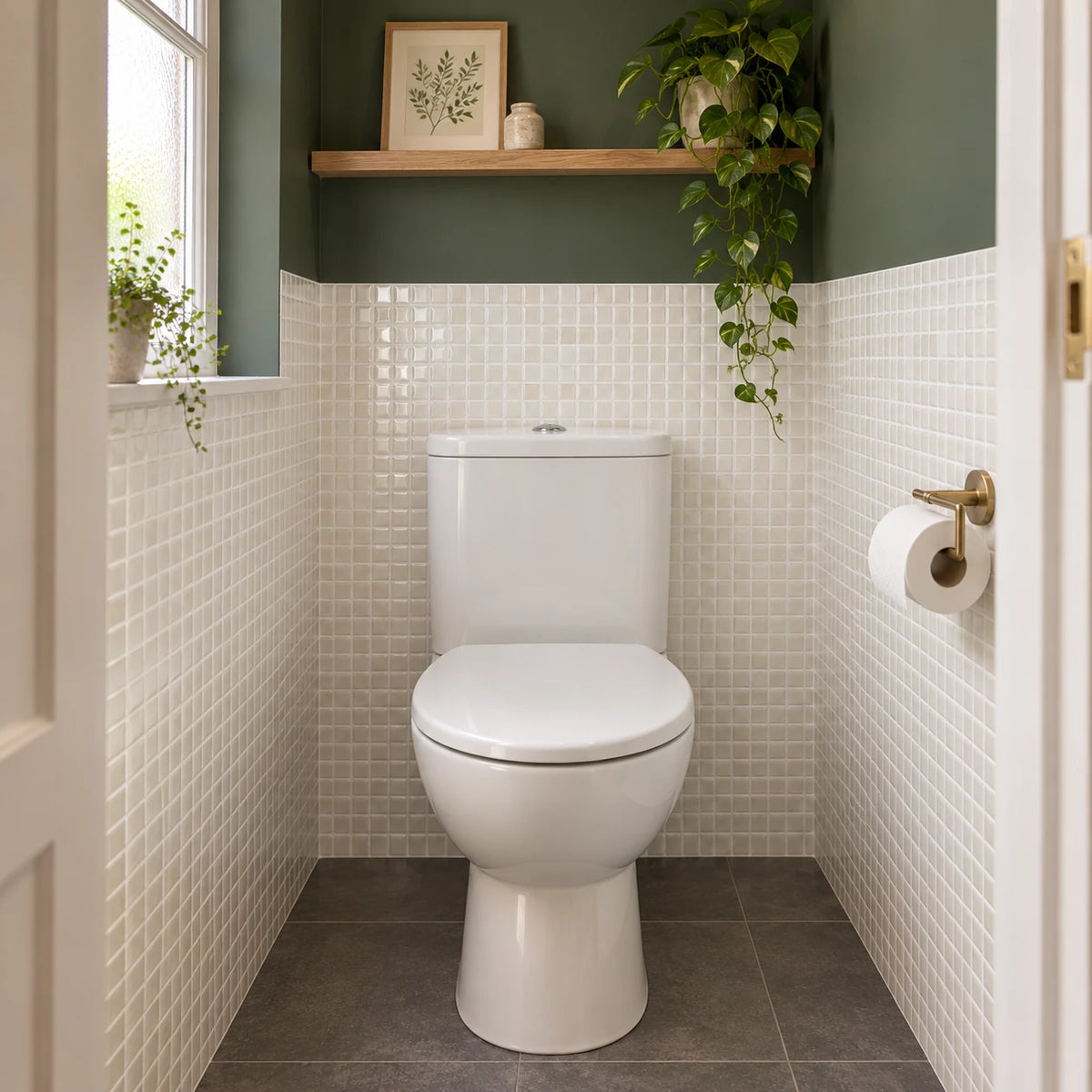 Toilettes avec carrelage adhésif mosaïque ivoire à mi-hauteur, WC à réservoir et mur vert sapin au-dessus